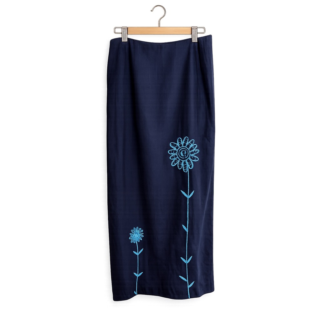 Spenser Jeremy Maxi Skirt Womens 12 Navy Blue Linen Blend Floral Embroidered